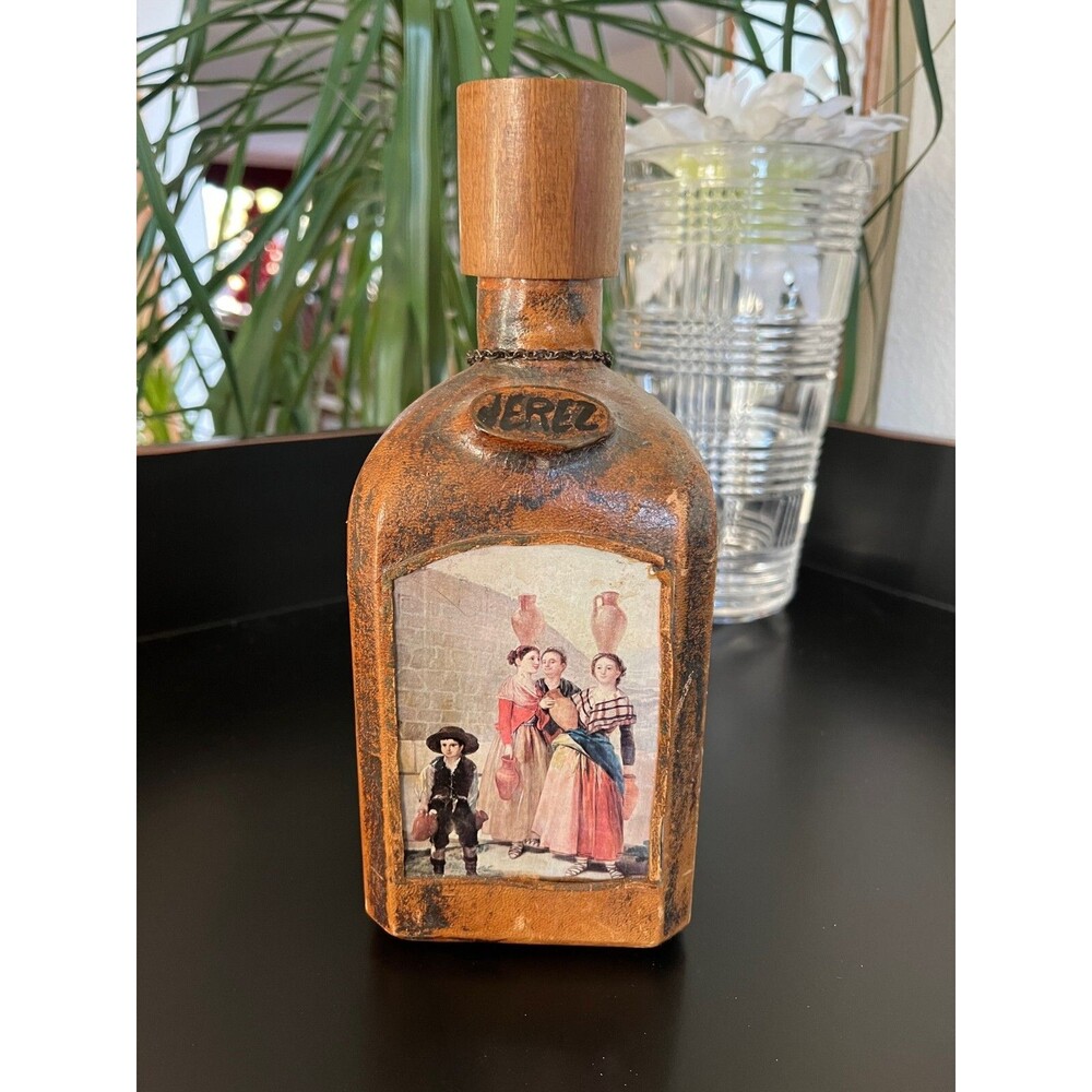 LEATHER JEREZ Brandy Decanter Bottle Wood Stopper Cointreau Wine Liquor VINTAGE